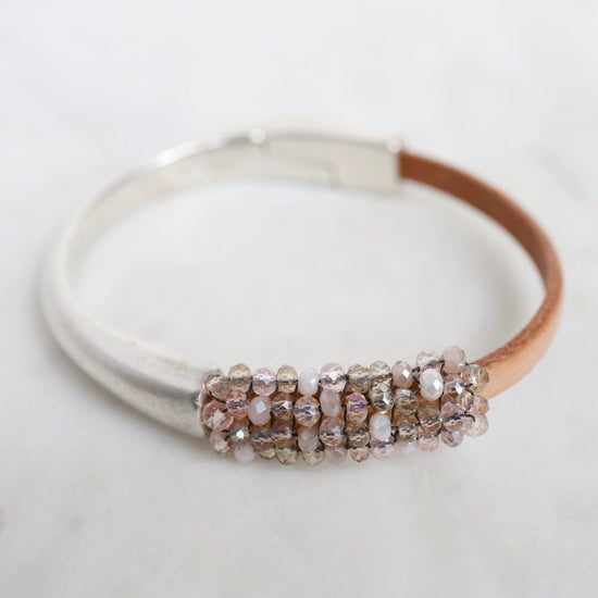 BRC-JM Hand Stitched Shell Light Pink Crystals on Brown Leather & Silver 1/2 Cuff