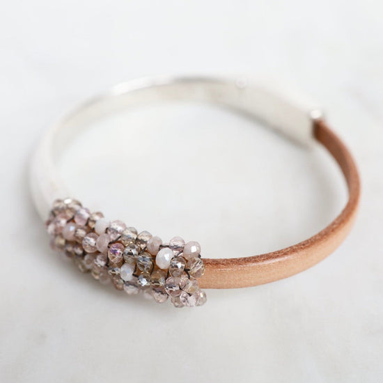 BRC-JM Hand Stitched Shell Light Pink Crystals on Brown Leather & Silver 1/2 Cuff