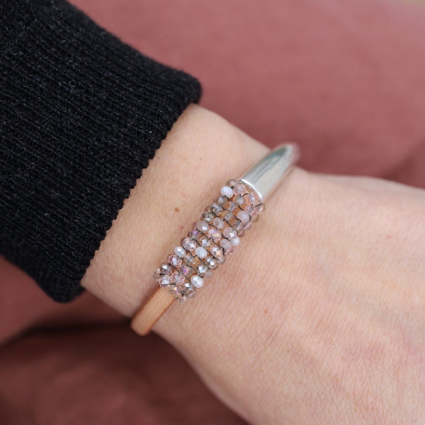 BRC-JM Hand Stitched Shell Light Pink Crystals on Brown Leather & Silver 1/2 Cuff