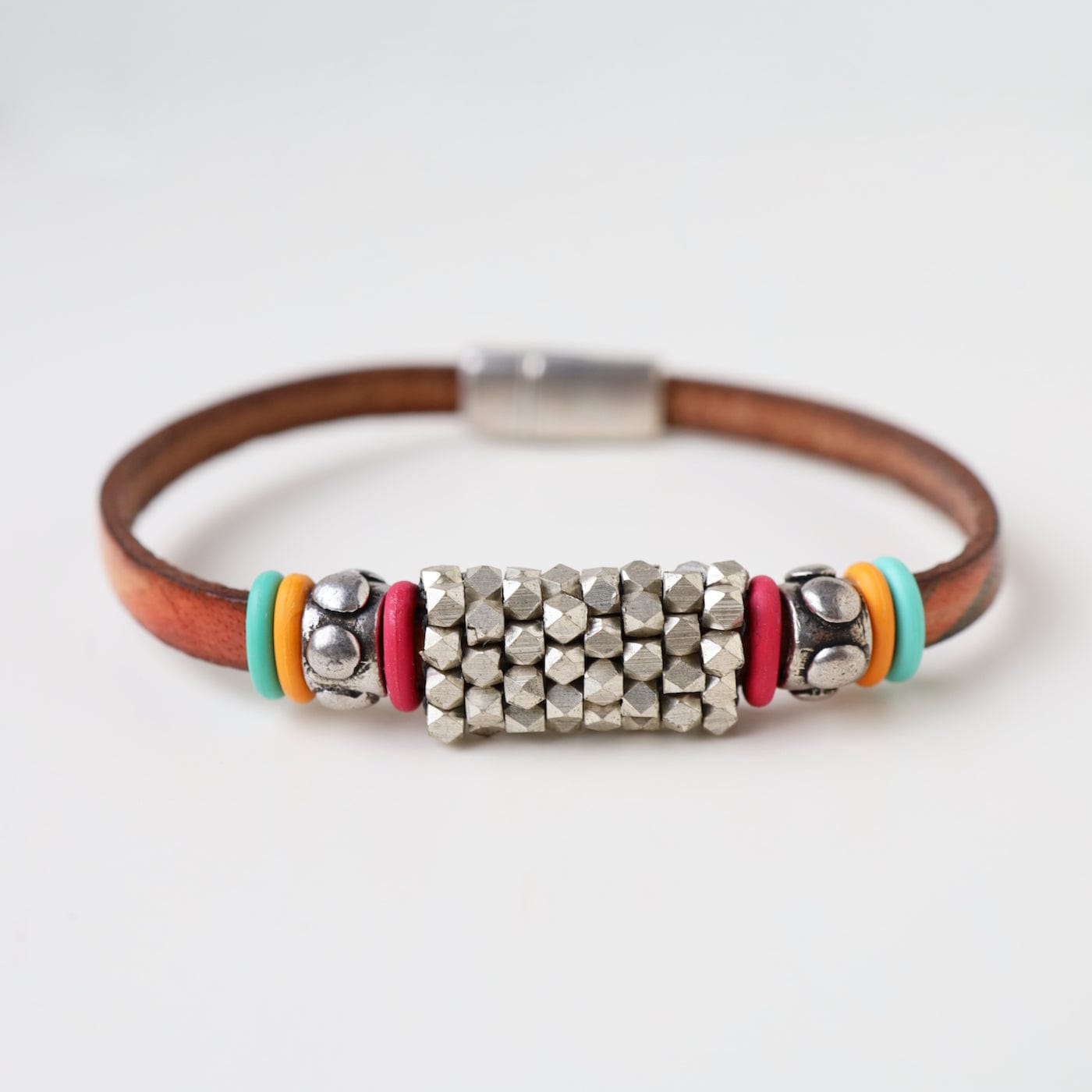BRC-JM Hand Stitched Silver Cube Beads with Colored "O" Ring Bracelet