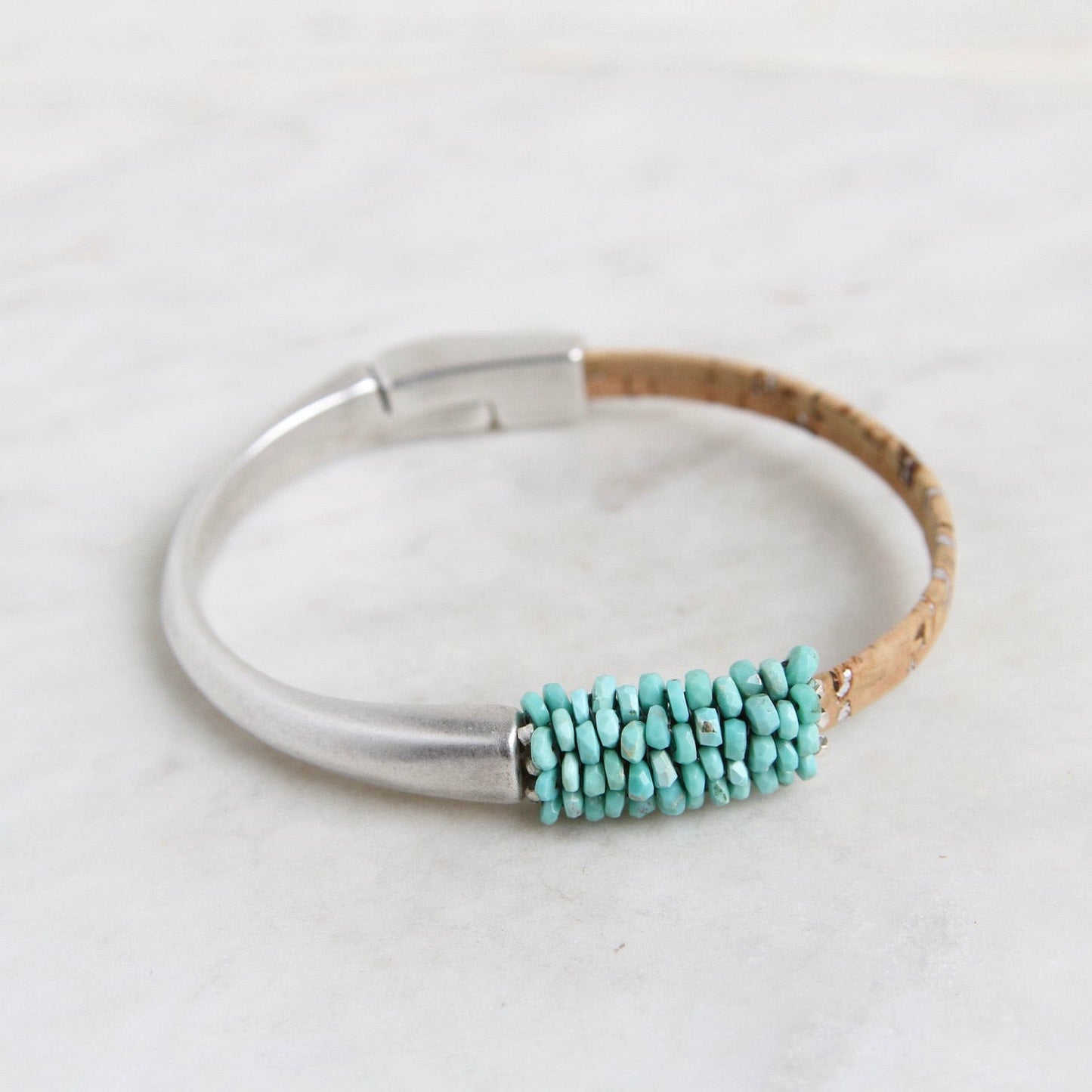 BRC-JM Hand Stitched Sleeping Beauty Turquoise & Cork 1/2 Cuff Bracelet