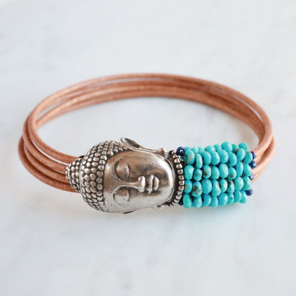 BRC-JM Hand Stitched Sleeping Beauty Turquoise with Lapis Trim & Buddha Clasp Bracelet