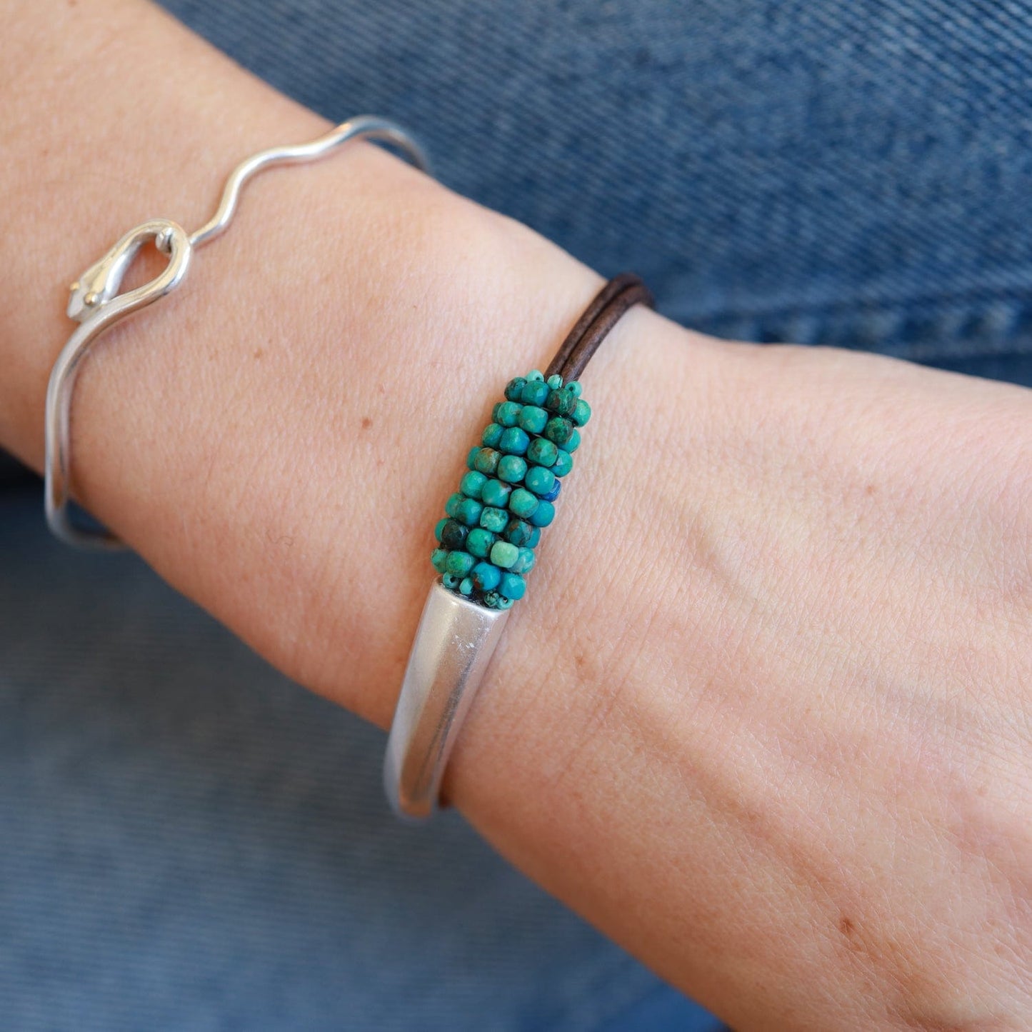 BRC-JM Hand Stitched Small Chrysocolla Cubes Bracelet