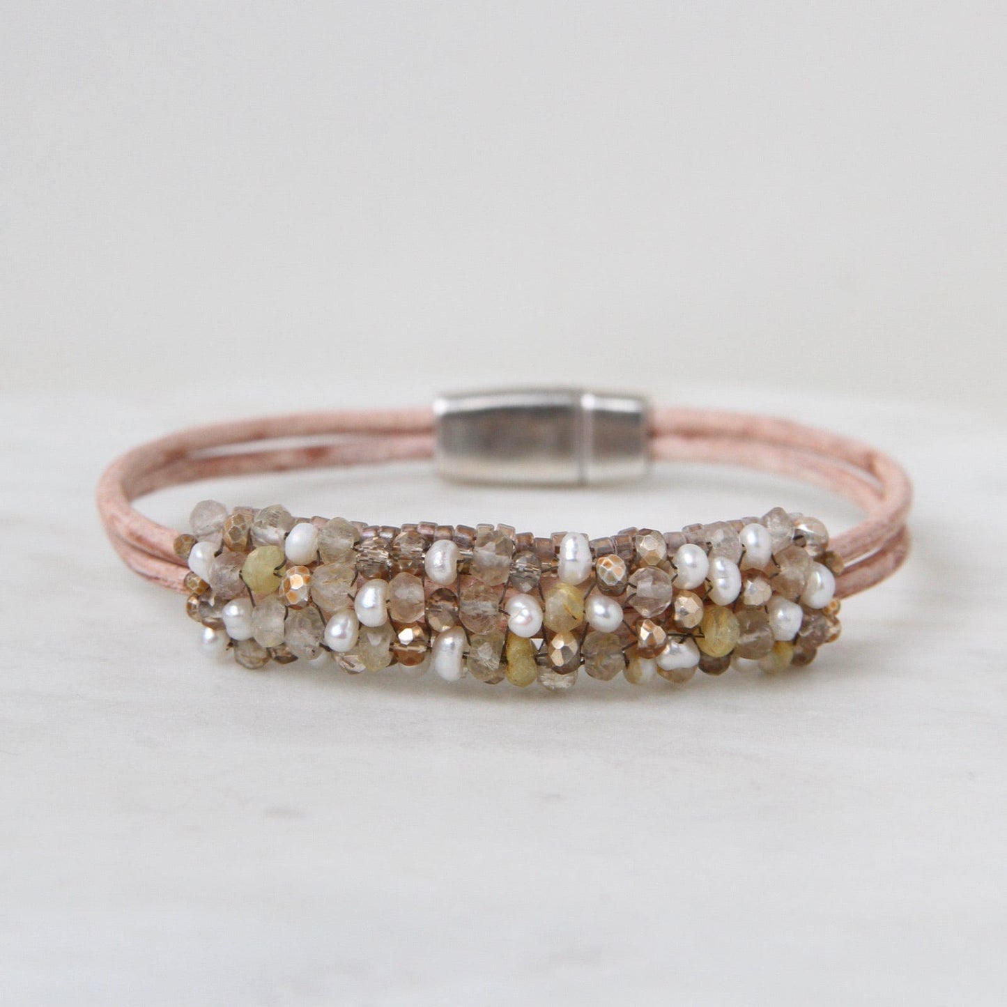 BRC-JM Hand Stitched Small Pearls & Rutilated Quartz Bracelet