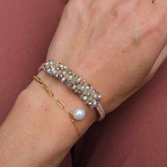 BRC-JM Hand Stitched Small Pearls & Rutilated Quartz Bracelet