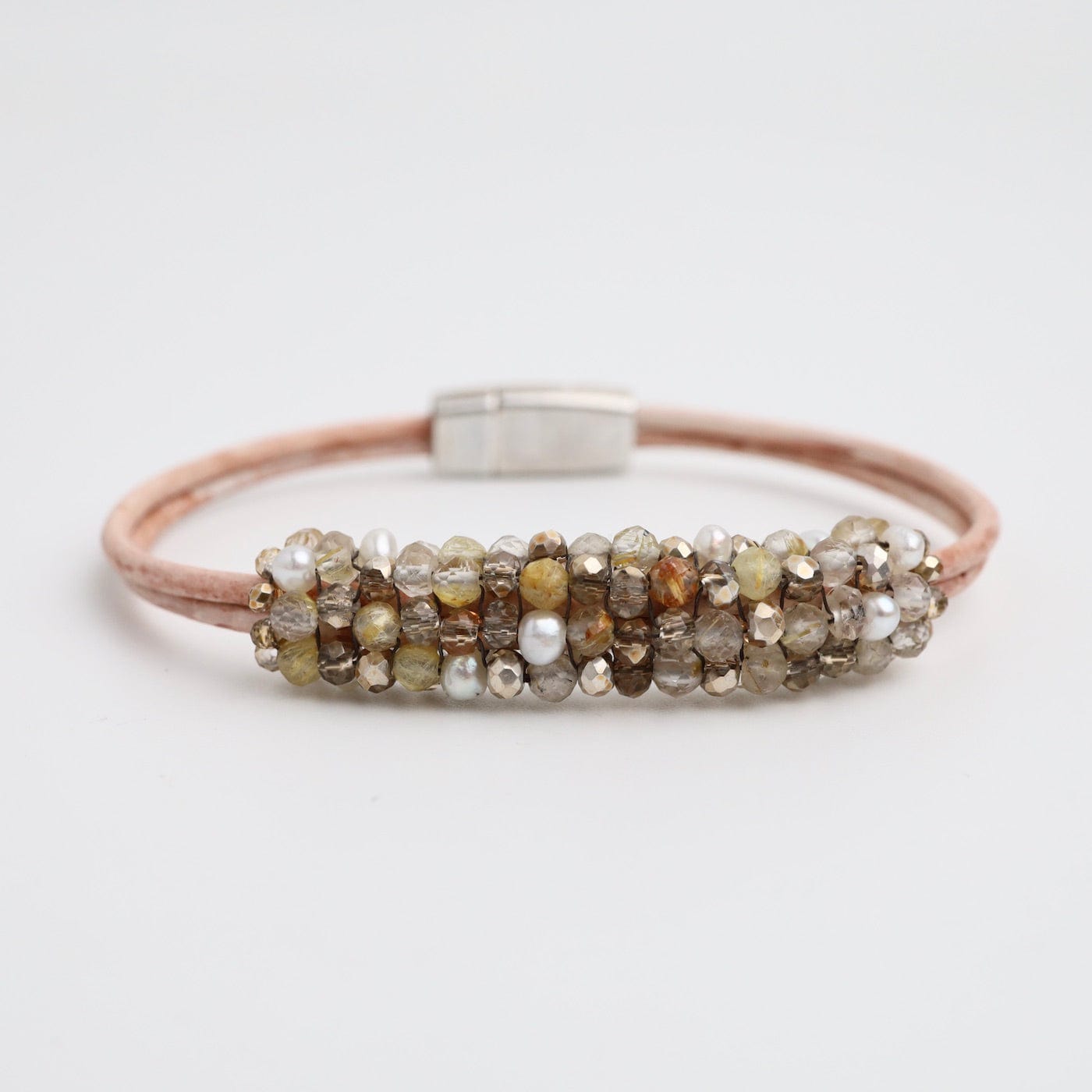 BRC-JM Hand Stitched Small Pearls, Rutilated Quartz & Gold Crystal Leather Bracelet