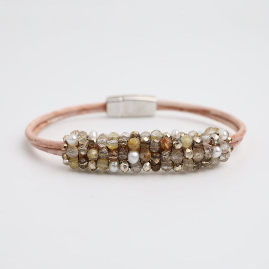 BRC-JM Hand Stitched Small Pearls, Rutilated Quartz & Gold Crystal Leather Bracelet
