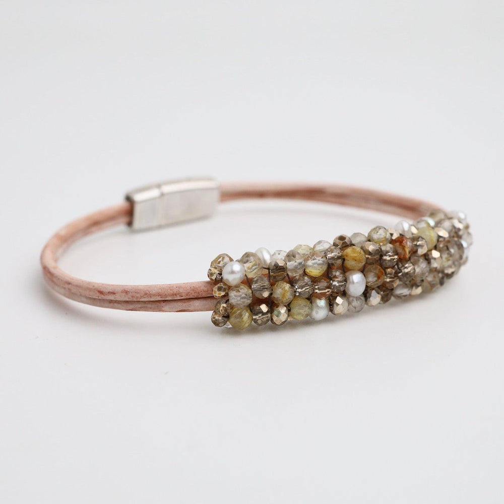 
                  
                    BRC-JM Hand Stitched Small Pearls, Rutilated Quartz & Gold Crystal Leather Bracelet
                  
                