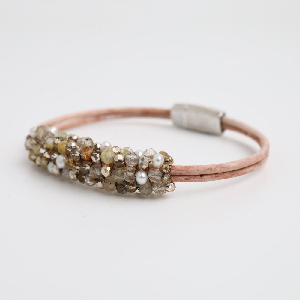 
                  
                    BRC-JM Hand Stitched Small Pearls, Rutilated Quartz & Gold Crystal Leather Bracelet
                  
                