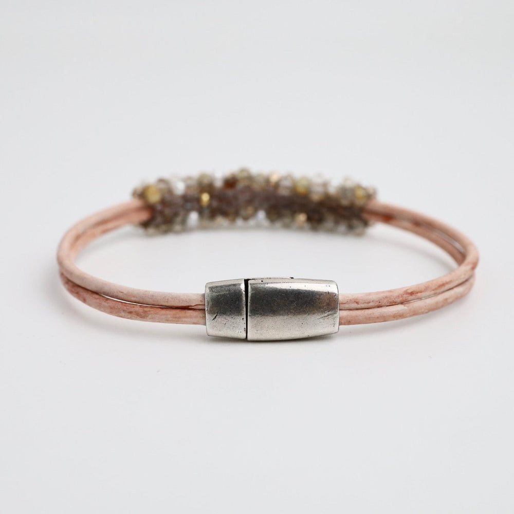 
                  
                    BRC-JM Hand Stitched Small Pearls, Rutilated Quartz & Gold Crystal Leather Bracelet
                  
                