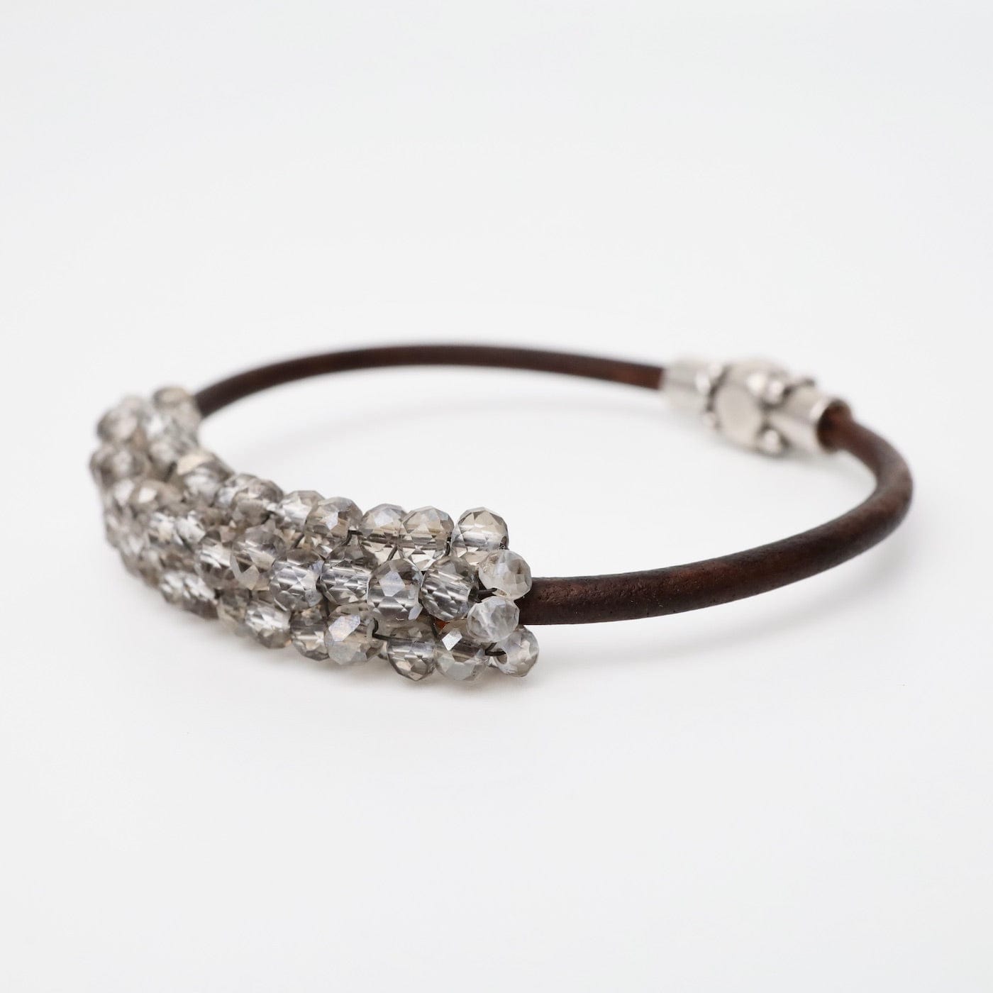 BRC-JM Hand Stitched Smokey Grey Crystals Leather Bracelet