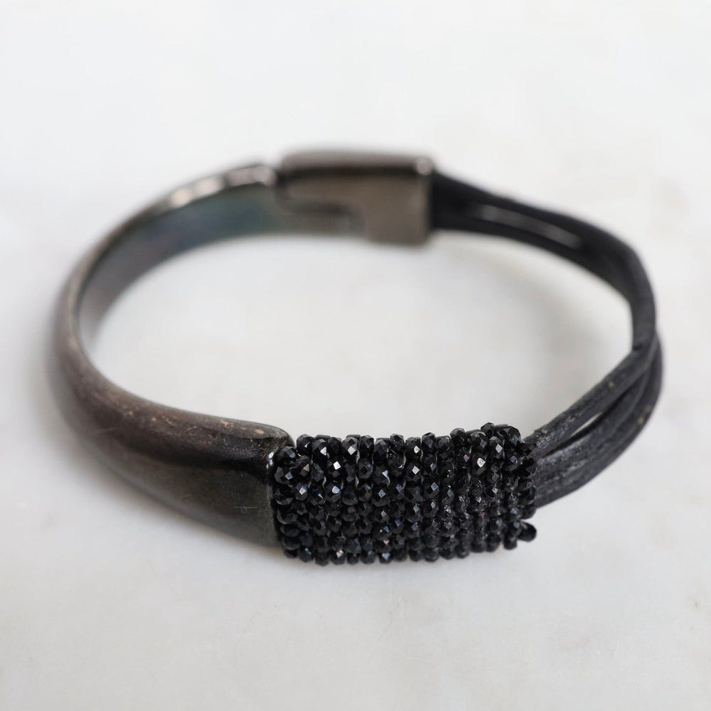 BRC-JM Hand Stitched Sparkly Small Black Spinel on Multi Black Leather & Gun Metal 1/2 Cuff