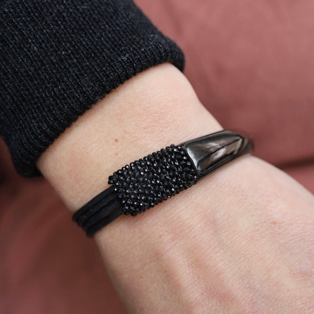 BRC-JM Hand Stitched Sparkly Small Black Spinel on Multi Black Leather & Gun Metal 1/2 Cuff