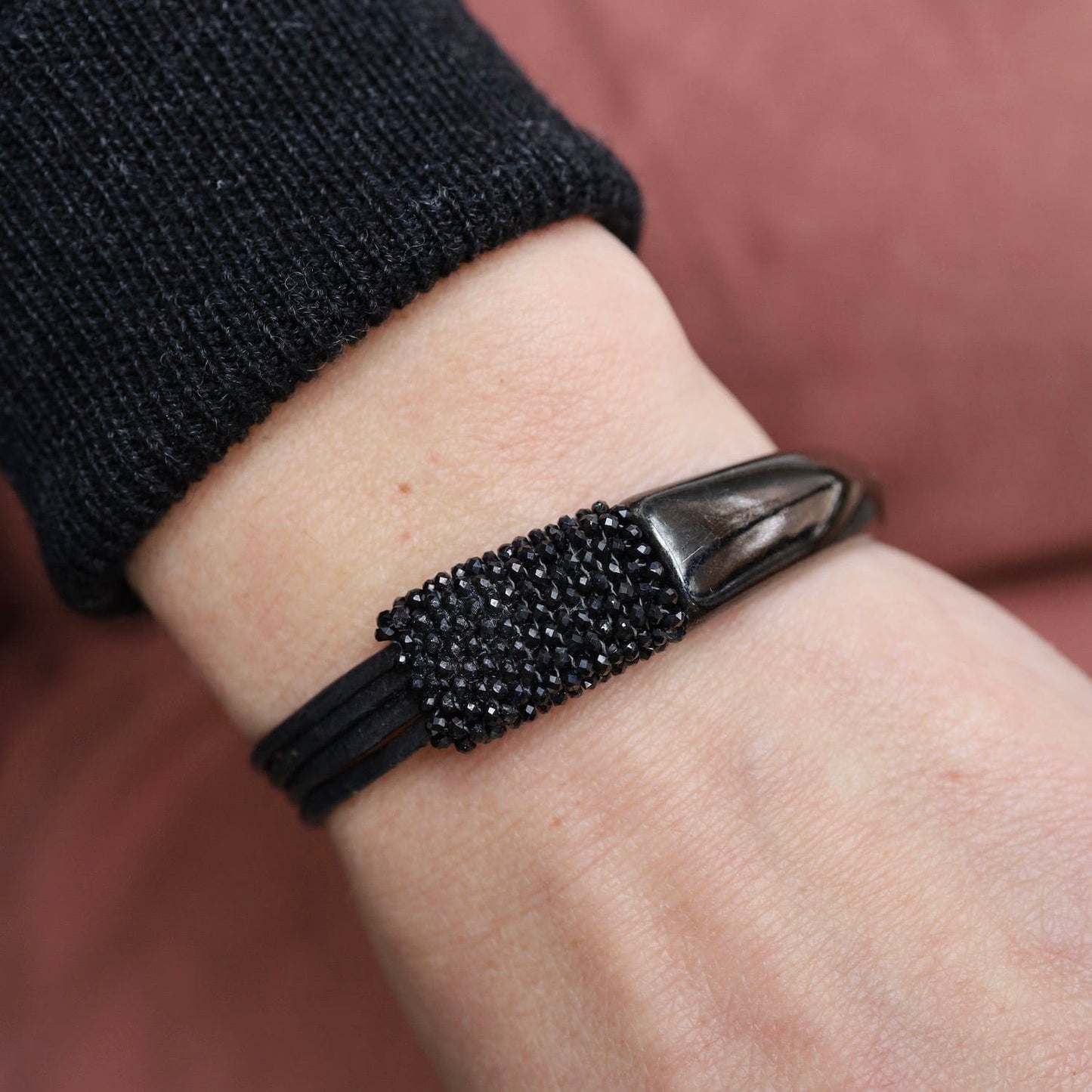 BRC-JM Hand Stitched Sparkly Small Black Spinel on Multi Black Leather & Gun Metal 1/2 Cuff