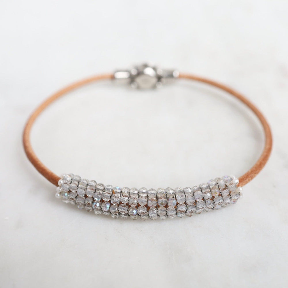 BRC-JM Hand Stitched Sparkly Topaz with Tiny White Pearl Trim on Natural Leather Bracelet