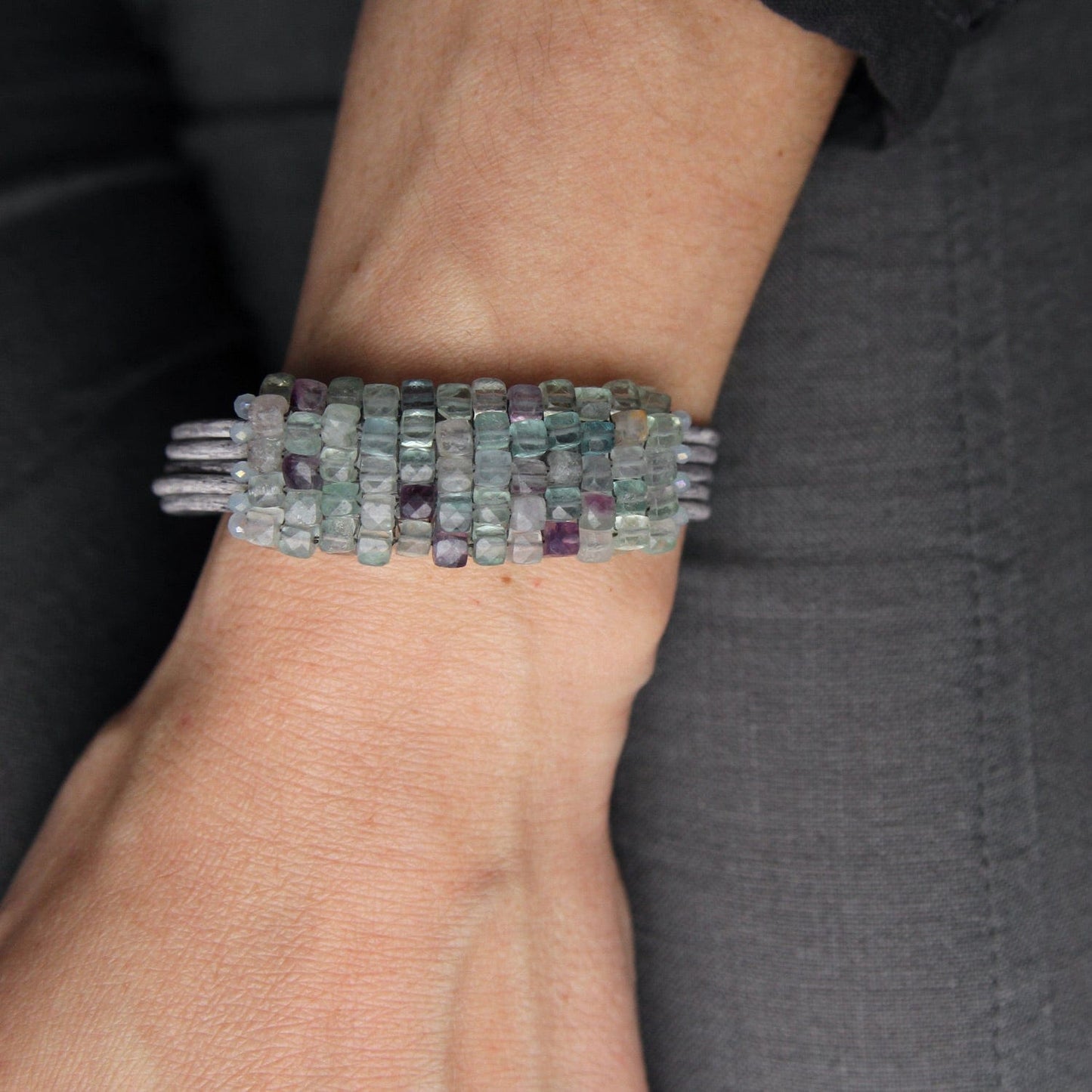 BRC-JM Hand Stitched Square Faceted Fluorite Bracelet