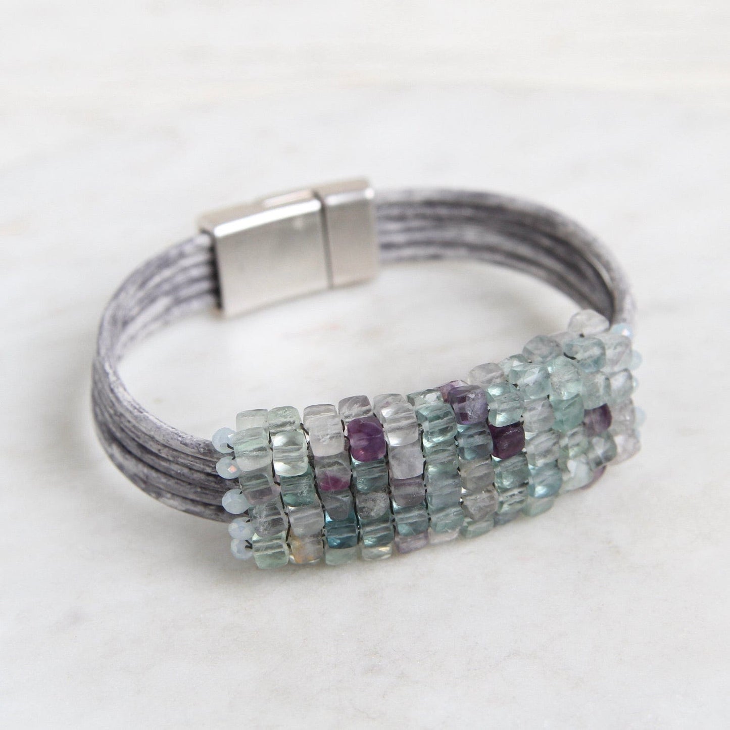 BRC-JM Hand Stitched Square Faceted Fluorite Bracelet