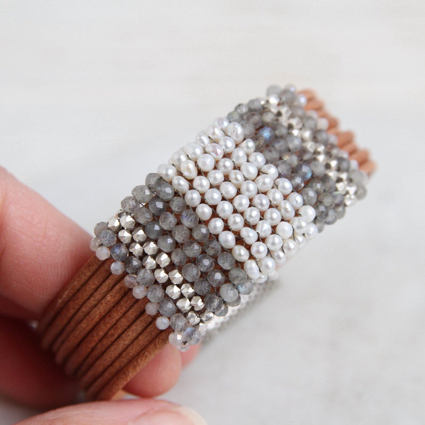 BRC-JM Hand Stitched Sterling Cubes, Labradorite, Pearls, & Moonstone Bracelet