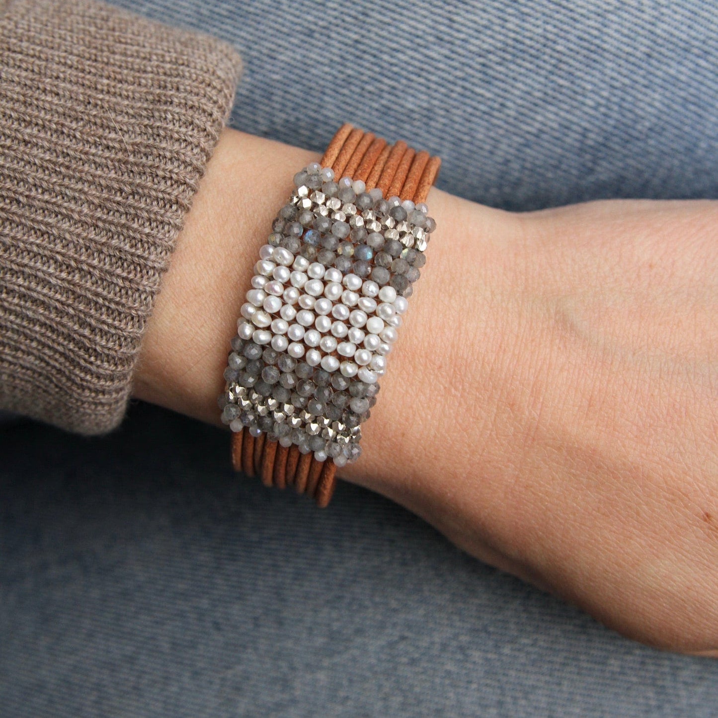 BRC-JM Hand Stitched Sterling Cubes, Labradorite, Pearls, & Moonstone Bracelet