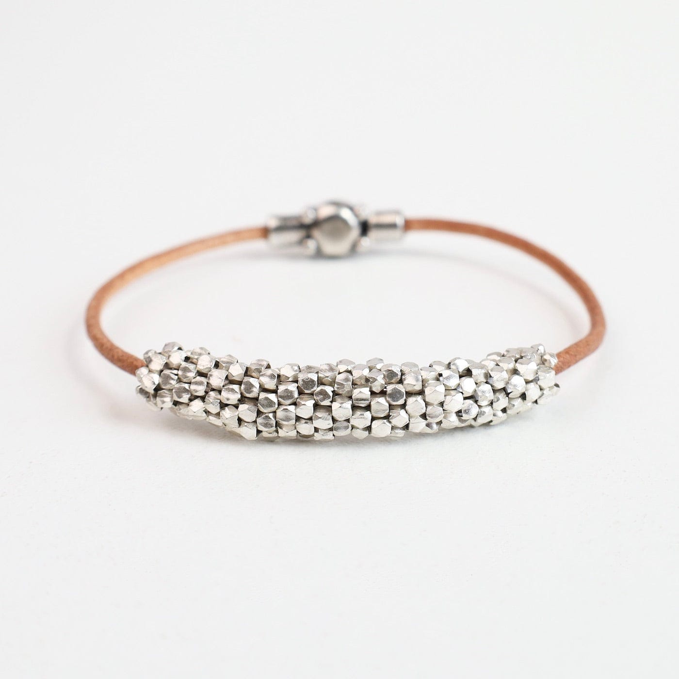 BRC-JM Hand Stitched Sterling Silver Nuggets Leather Bracelet