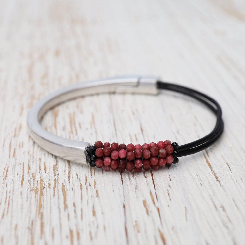 BRC-JM Hand Stitched Thulite Chrysocolla with Black Spinel & Leather Bracelet