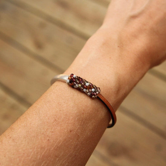 BRC-JM Hand Stitched Tiny Amazonite and Tundra Sapphires Leather Cuff Bracelet