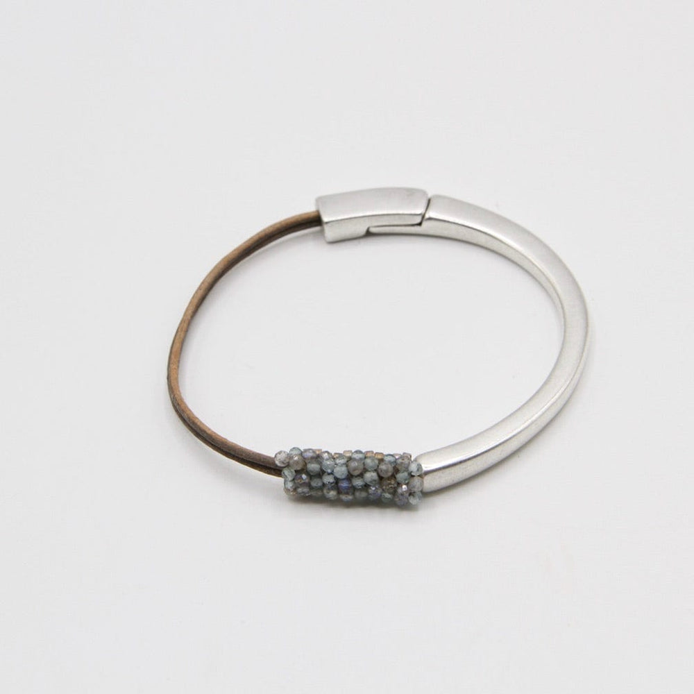 BRC-JM Hand Stitched Tiny Aquamarine and Labradorite Leather Cuff Bracelet