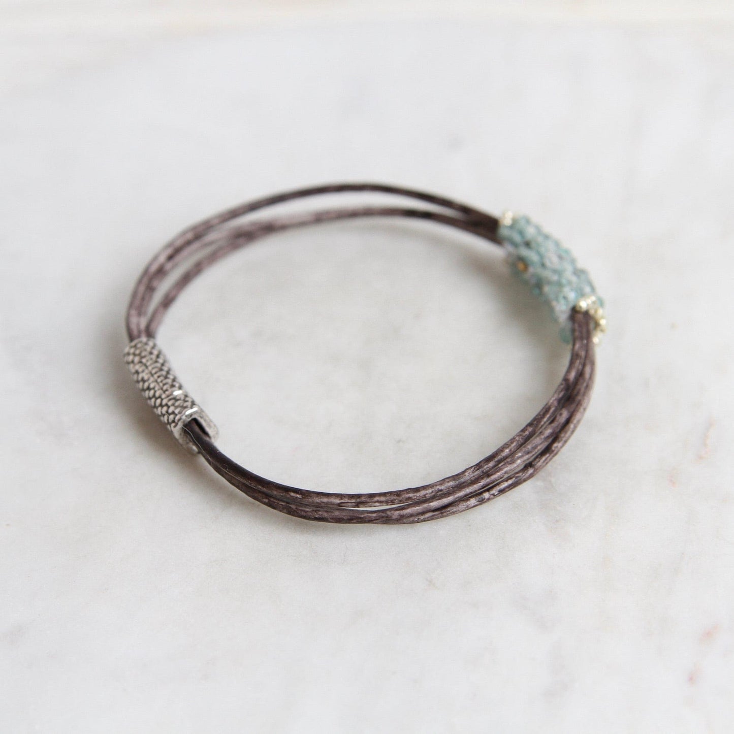 BRC-JM Hand Stitched Tiny Aquamarine with Japanese Seed Bead Picot Edge Bracelet