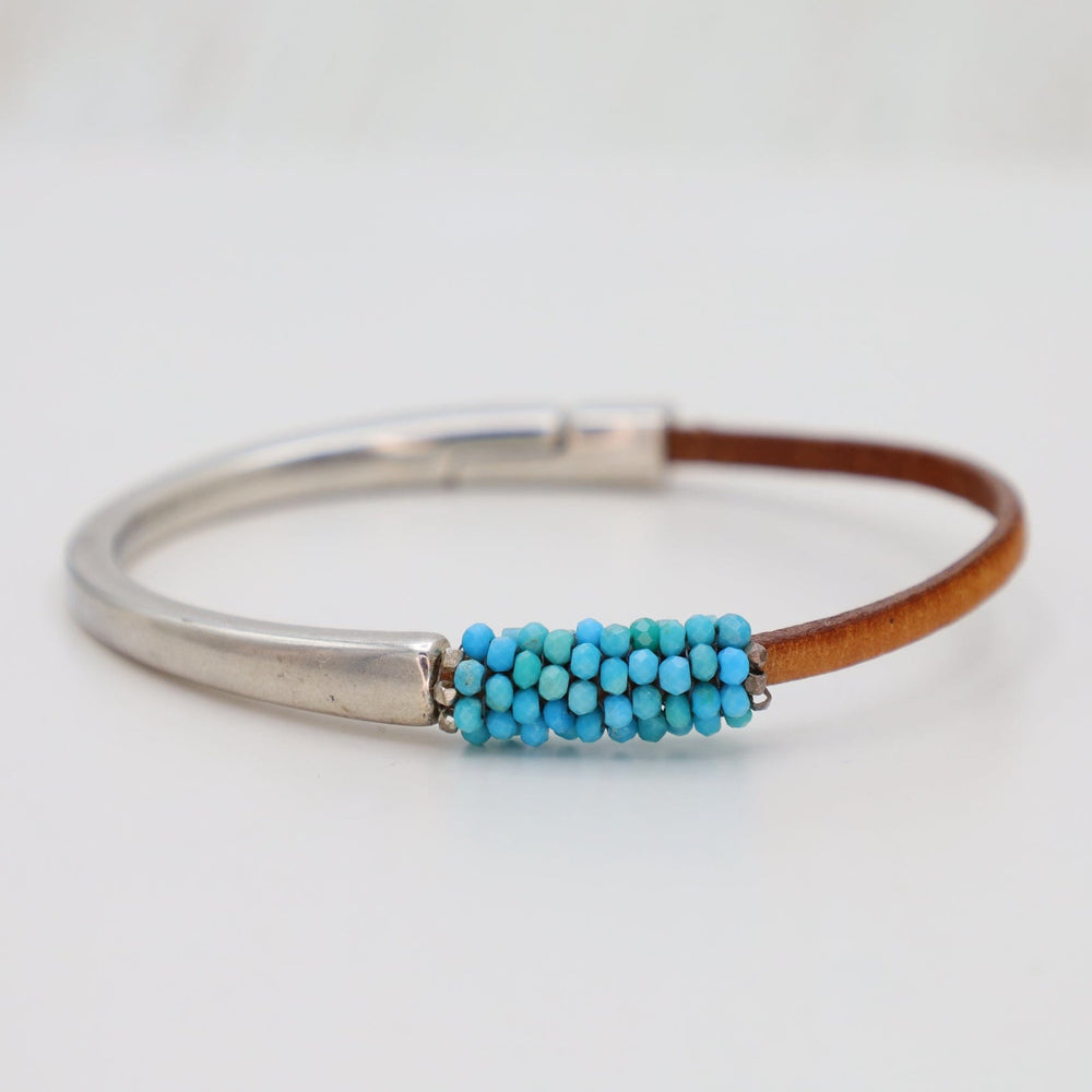 BRC-JM Hand Stitched Tiny Arizona Turquoise Leather Cuff Bracelet