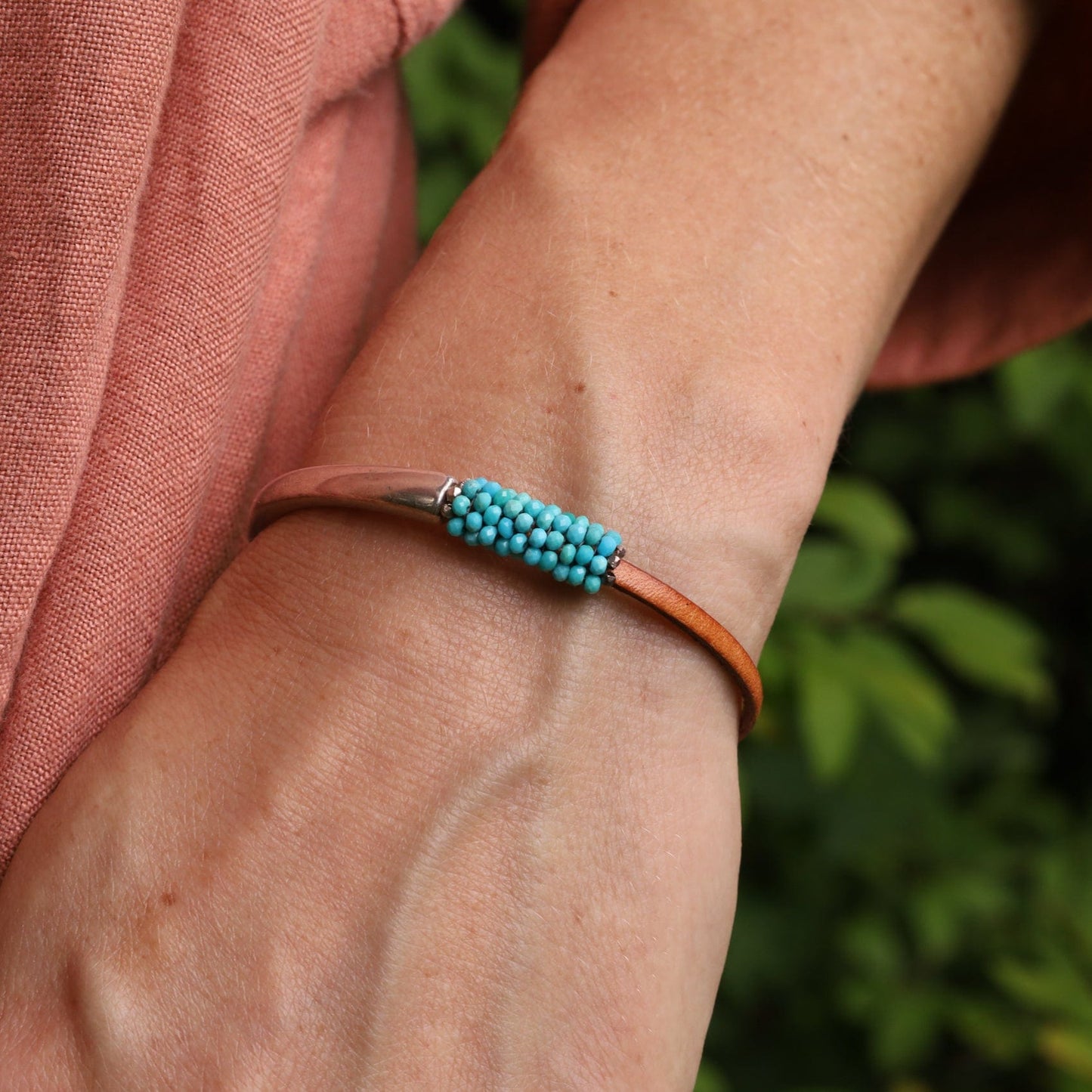 BRC-JM Hand Stitched Tiny Arizona Turquoise Leather Cuff Bracelet