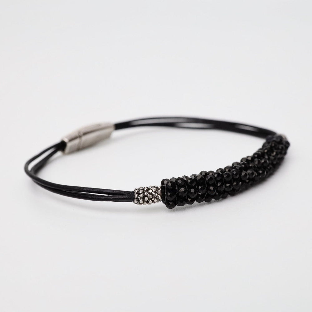 
                      
                        BRC-JM Hand Stitched Tiny Black Spinel Leather Bracelet
                      
                    