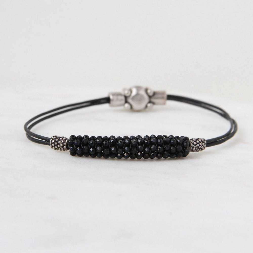 BRC-JM Hand Stitched Tiny Black Spinel & Metal Dot Bracelet