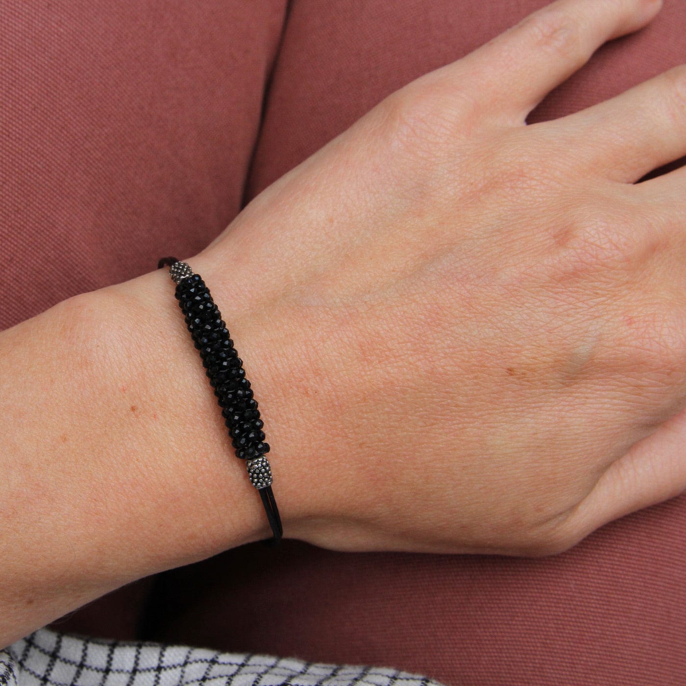 BRC-JM Hand Stitched Tiny Black Spinel & Metal Dot Bracelet