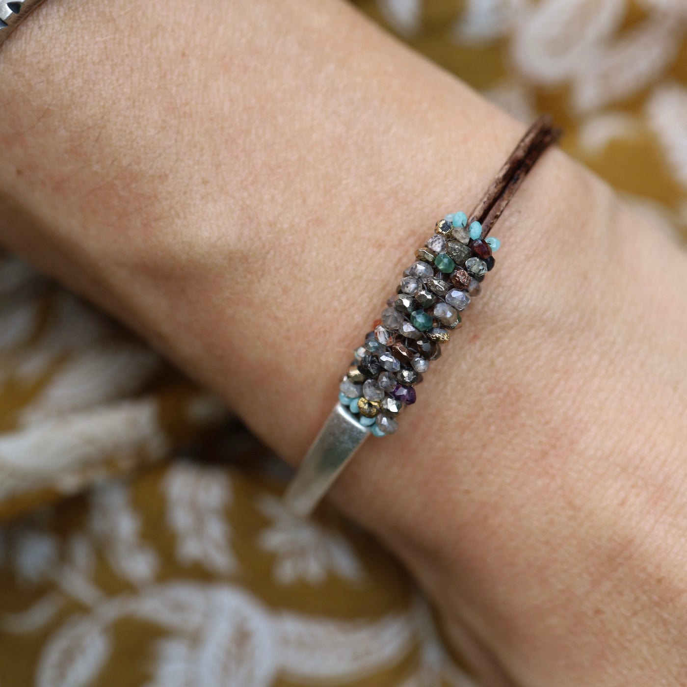 BRC-JM Hand Stitched Tiny Coated Gemstones Half Cuff Bracelet