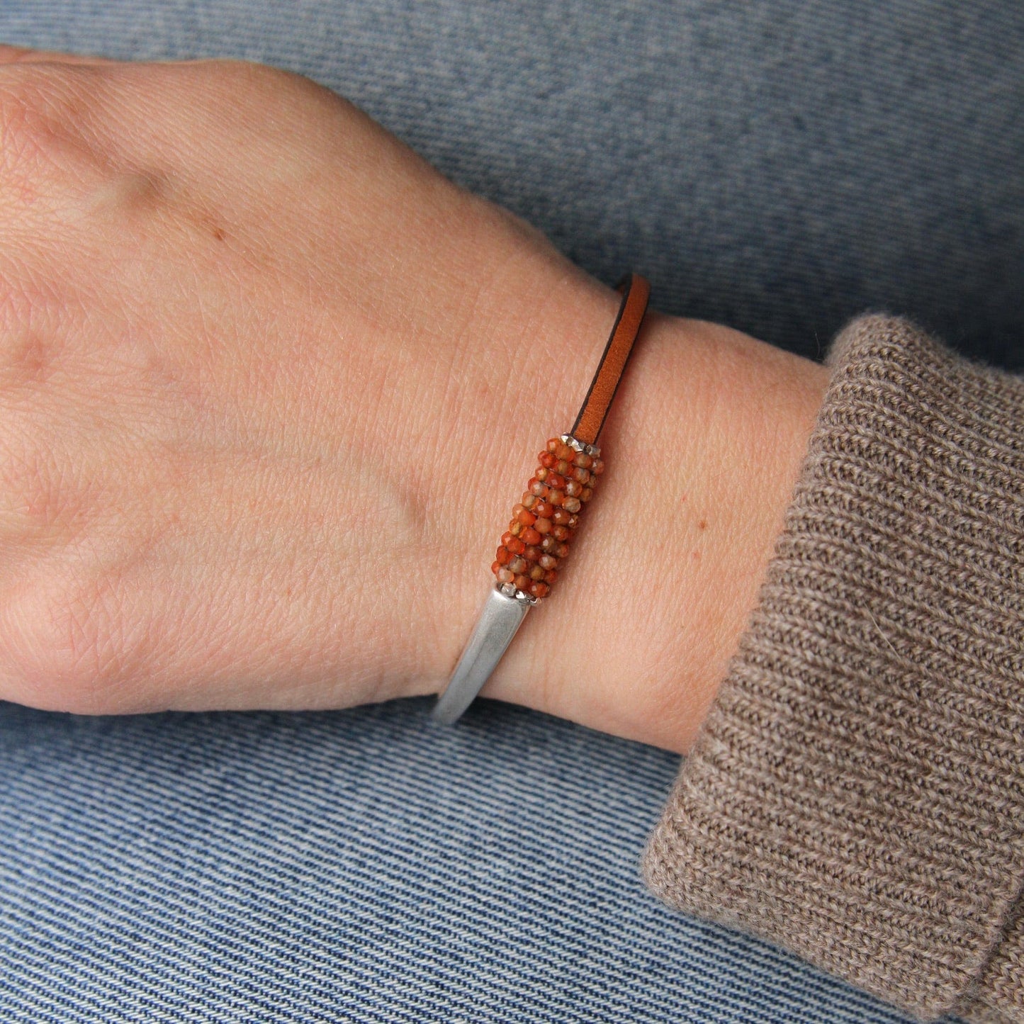 BRC-JM Hand Stitched Tiny Faceted Carnelian with Sterling Trim 1/2 Cuff Bracelet