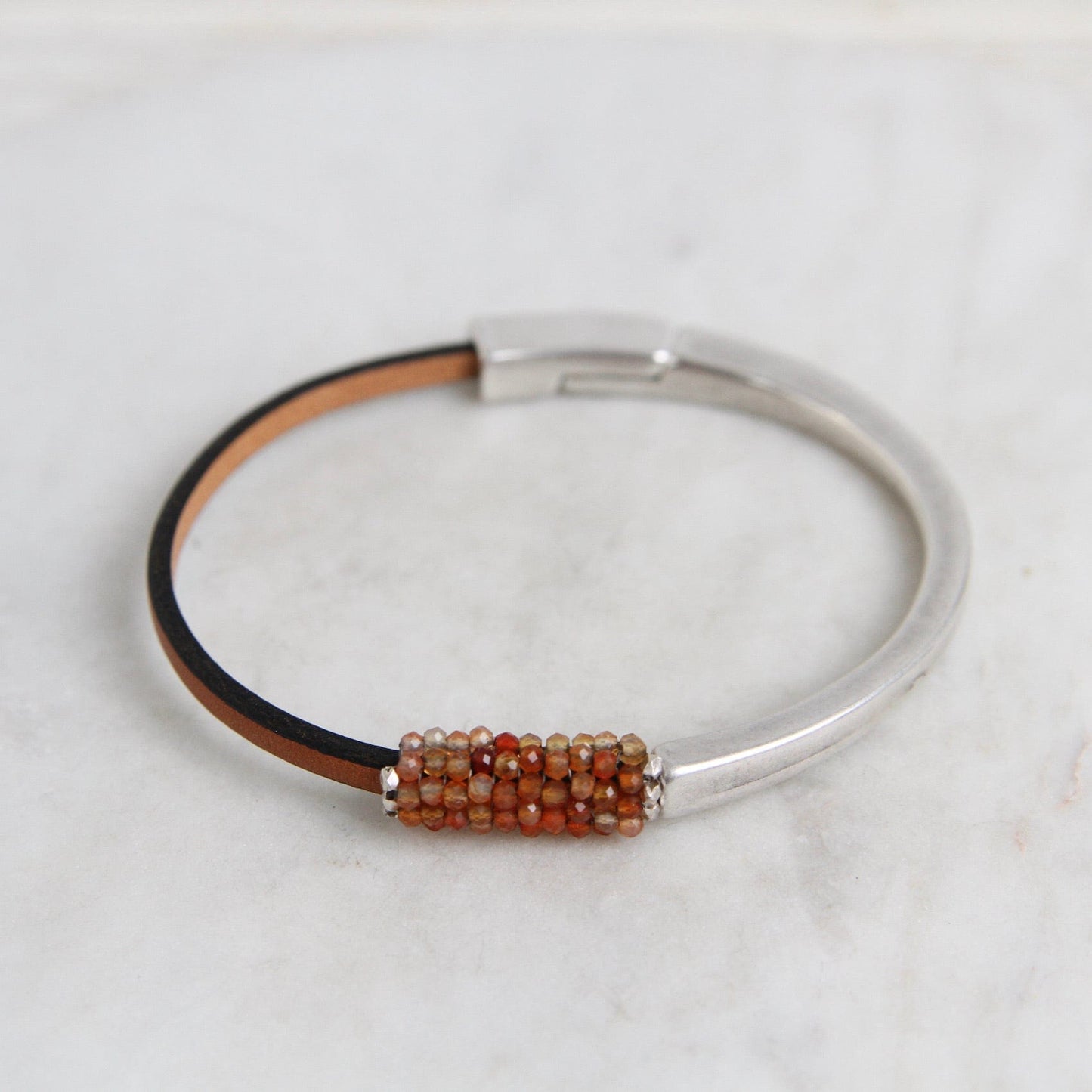 BRC-JM Hand Stitched Tiny Faceted Carnelian with Sterling Trim 1/2 Cuff Bracelet