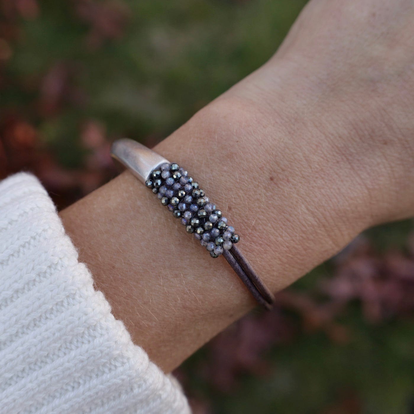 BRC-JM Hand Stitched Tiny Labradorite & Pyrite Mix Half Cuff Bracelet