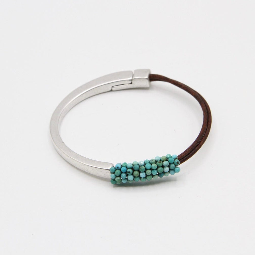 BRC-JM Hand Stitched Tiny Natural Green Turquoise Leather Cuff Bracelet