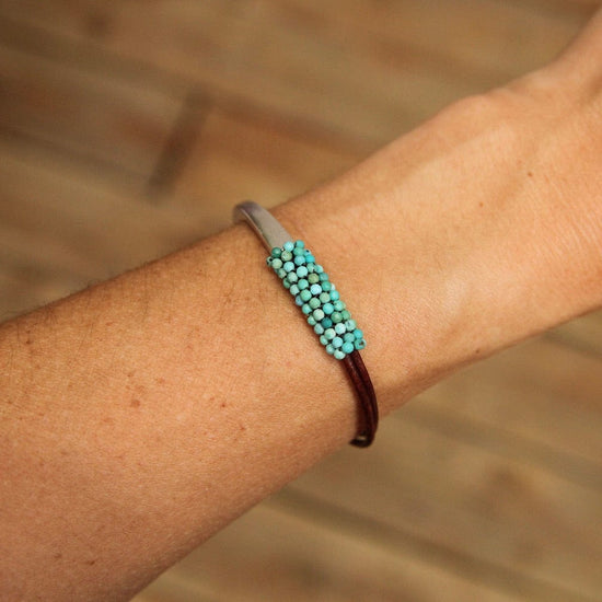 BRC-JM Hand Stitched Tiny Natural Green Turquoise Leather Cuff Bracelet