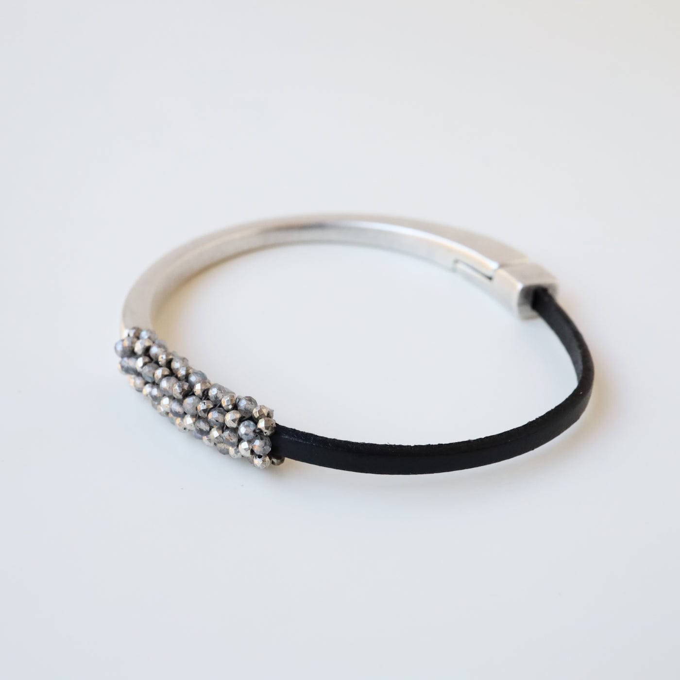 BRC-JM Hand Stitched Tiny Pyrite and Mystic Labradorite Leather 1/2 Cuff Bracelet