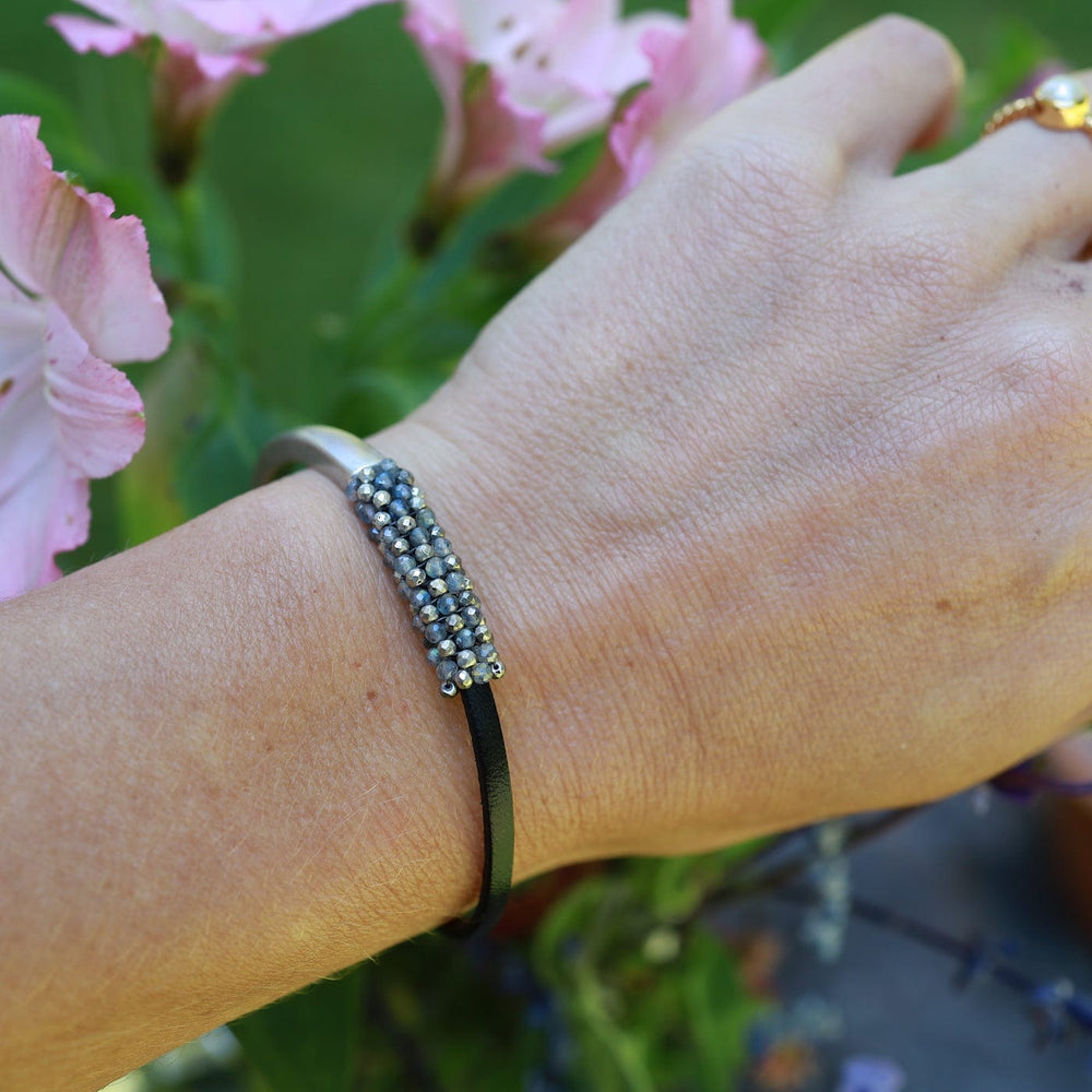 BRC-JM Hand Stitched Tiny Pyrite and Mystic Labradorite Leather 1/2 Cuff Bracelet