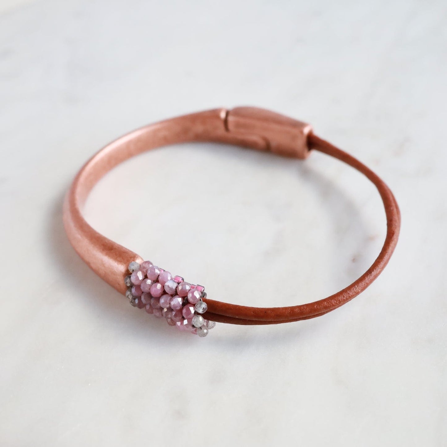 BRC-JM Hand Stitched Tiny Raspberry Labradorite Leather Cuff Bracelet