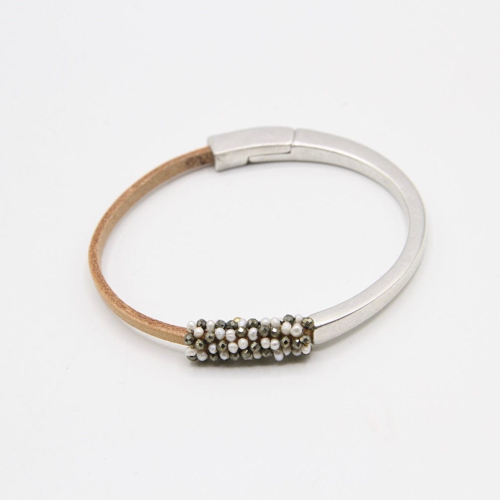 BRC-JM Hand Stitched Tiny White Pearls and Pyrite Leather Cuff Bracelet