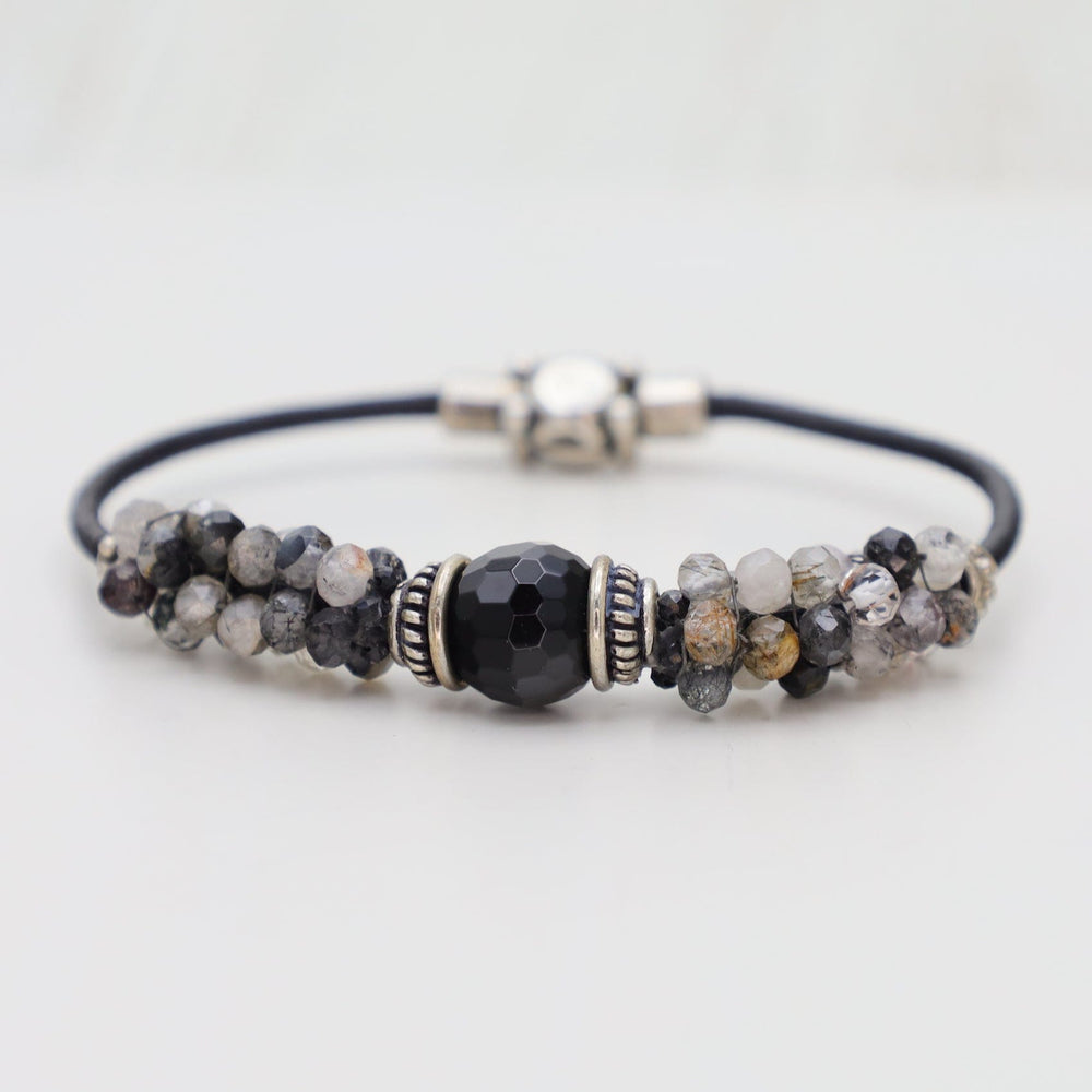 BRC-JM Hand Stitched Tourmalated Quartz & Large Black Onyx Bracelet