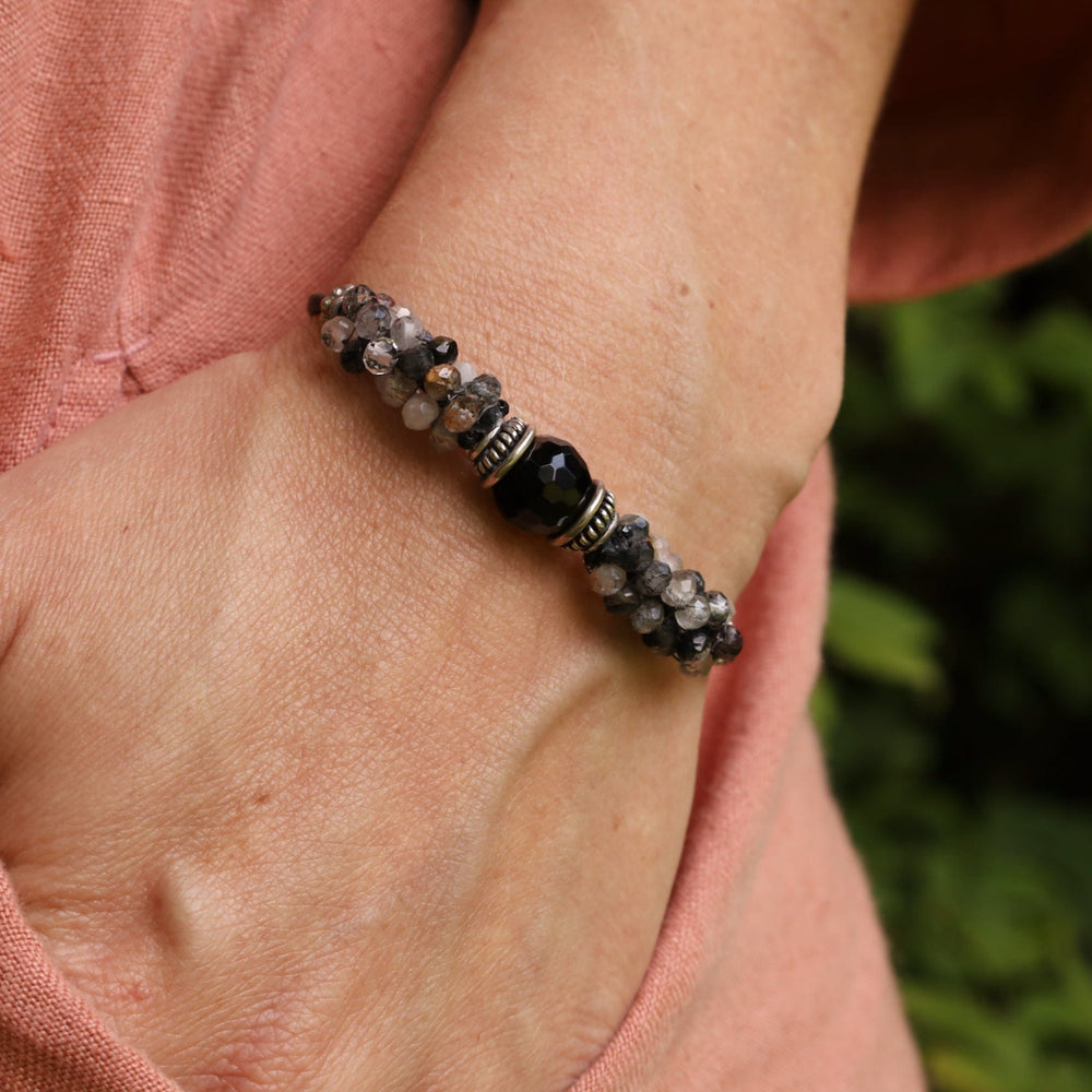 BRC-JM Hand Stitched Tourmalated Quartz & Large Black Onyx Bracelet