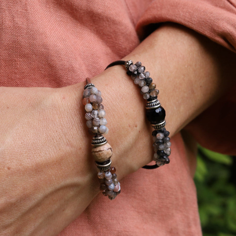 
                  
                    BRC-JM Hand Stitched Tourmalated Quartz & Large Black Onyx Bracelet
                  
                