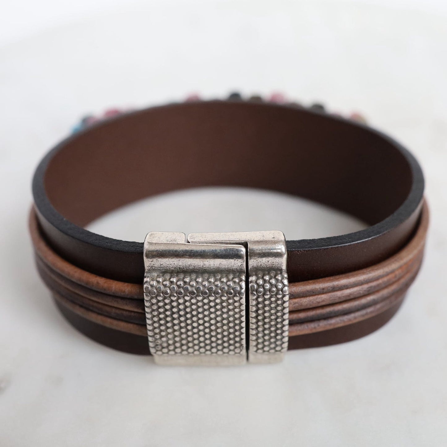 BRC-JM Hand Stitched Tourmaline Cubes with Apatite Trim on Chocolate Leather Bracelet