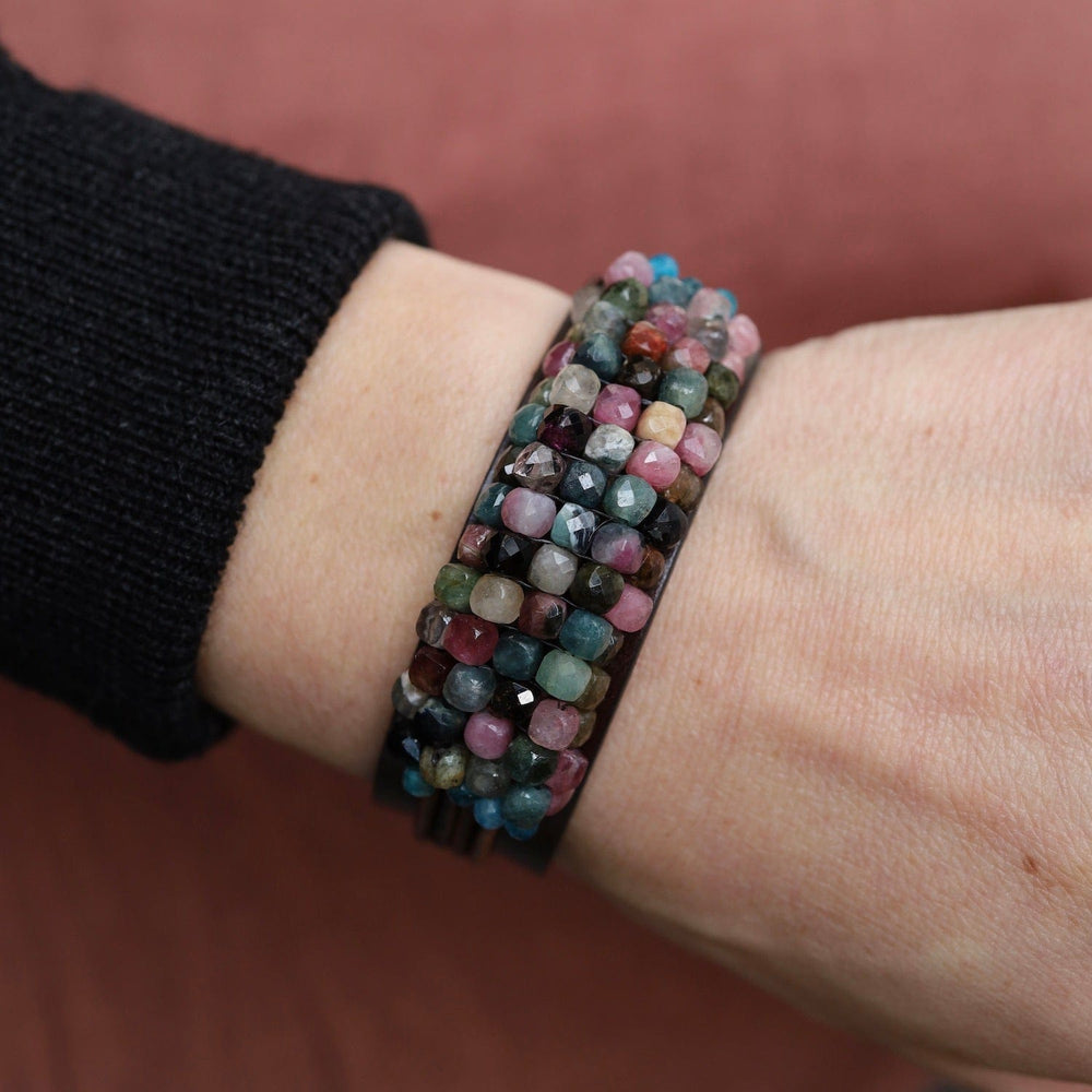 BRC-JM Hand Stitched Tourmaline Cubes with Apatite Trim on Chocolate Leather Bracelet