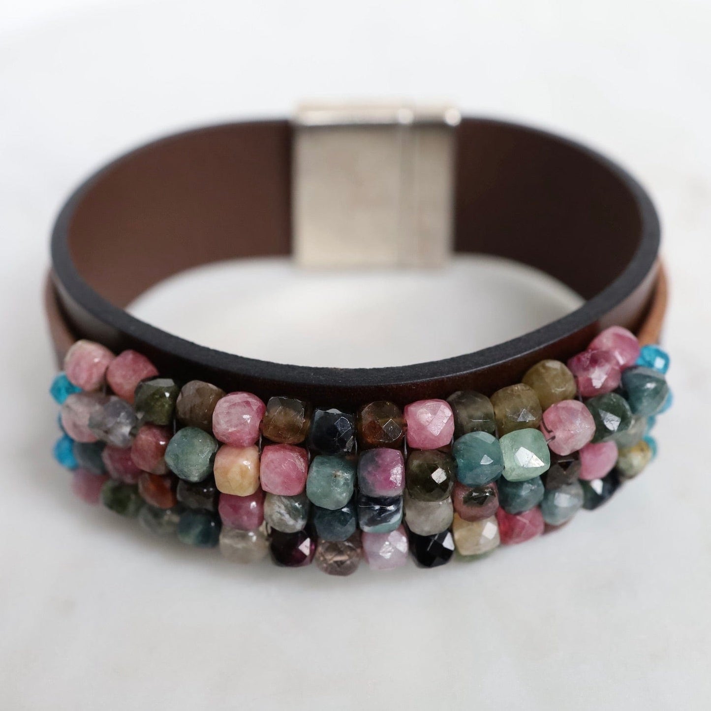 BRC-JM Hand Stitched Tourmaline Cubes with Apatite Trim on Chocolate Leather Bracelet