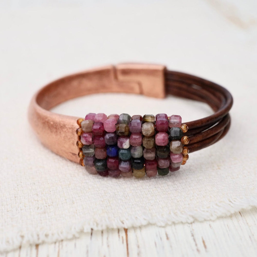 BRC-JM Hand Stitched Tourmaline Cubes with Hessonite Garnet Trim & Leather Bracelet